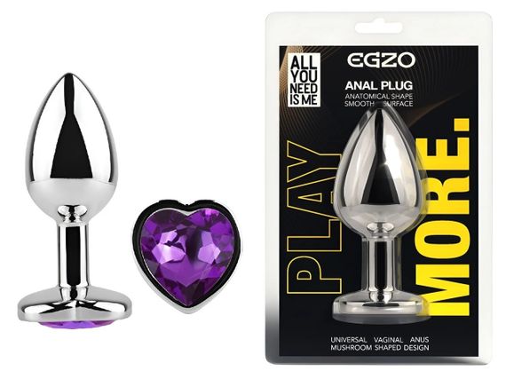Анальная пробка EGZO Silver Heart Plug M, металлическая, с фиолетовым кристаллом Sex Aura