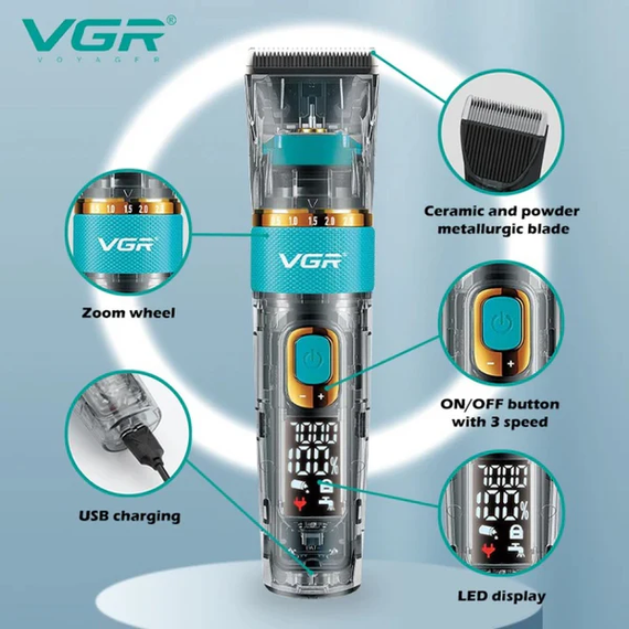 Машинка для стрижки VGR V 695 / Аккумуляторная машинка для стрижки волос + 6 насадок, с USB / Беспроводной триммер для стрижки | Зображення 2