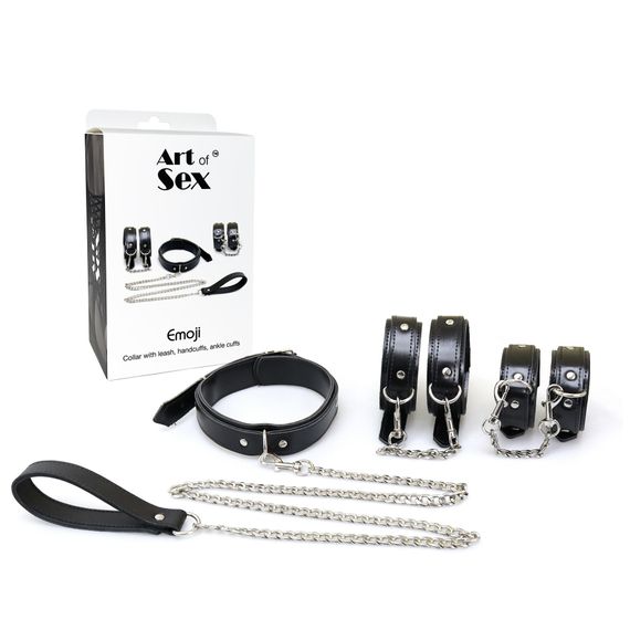 Набір BDSM Art of Sex - Emoji, наручники, поножі, нашийник з повідцем, екошкіра, чорний | Зображення 3