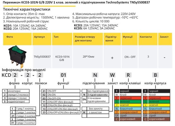 Переключатель KCD3-101N G/B 220V 1 клавиша зеленая с подсветкой Ny95500837 | Зображення 1