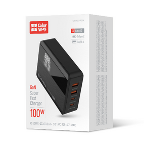 Зарядний пристрій мережевий 2USB/2Type-C 100W чорний GaN ColorWay CW-CHS041PD-BK