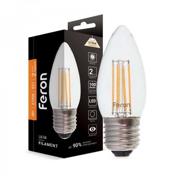 Лампа LED 4W 2700K E27 С37 Filament Feron