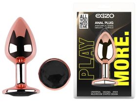 Анальна пробка EGZO Rose Gold M з чорним кристалом, гладка металева анатомічна Sex Aura