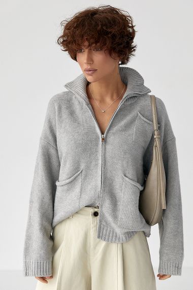 В'язаний кардиган на блискавці з кишенями - сірий цвет, ONE SIZE (є розміри) | Зображення 4