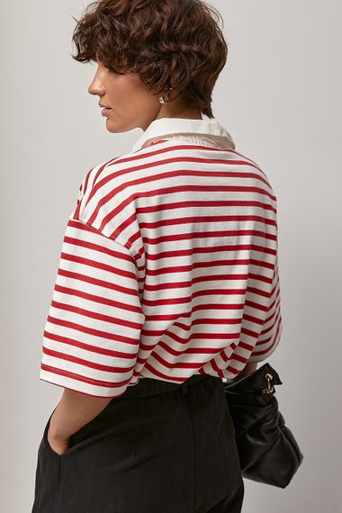 Футболка-поло у смужку - червоний цвет, M (є розміри) | Зображення 1