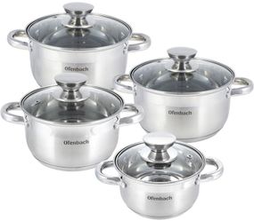 Набір 4 каструлі Ofenbach Casserole із нержавіючої сталі (1.1л, 1.7л, 2.4л, 3.4л) зі скляними кришками