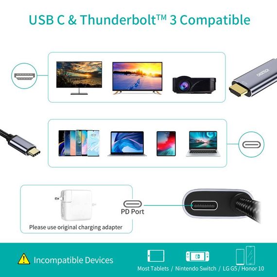 Кабель Choetech XCH-M180GY, USB-C на HDMI, 1.8м | Зображення 3