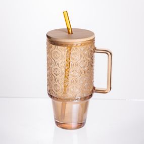 Скляна чашка з кришкою і трубочкою 750 мл Коричнева HP-19-50NR