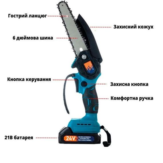Акумуляторна ланцюгова міні пила 6" (15 см) Domotec 24V для обрізання дерев та розпилу дров, по дереву | Зображення 3