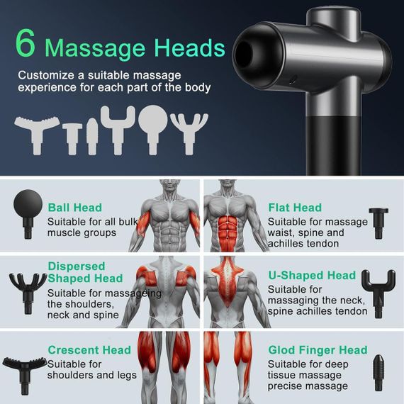Перкусійний ручний масажер Massage Gun BDBKMG, м'язовий масажний пістолет, 99 режимів, 6 насадок, Чорний | Зображення 1