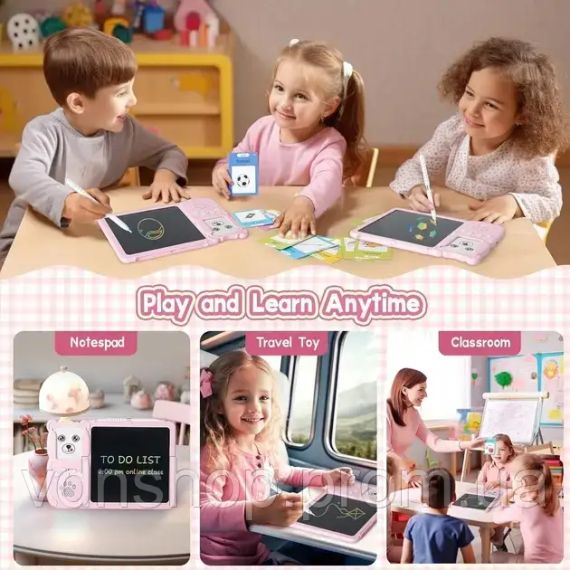 Монтесорі для вивчення англійської мови 2в1 інтерактивний планшет і кольорова LCD дошка для малювання 224 слів мишка Блакитний | Зображення 2