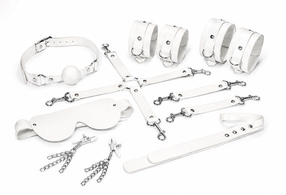 Набір Feral Feelings BDSM Kit 7 White, наручники, поножі, конектор, маска, падл, кляп, затискачі