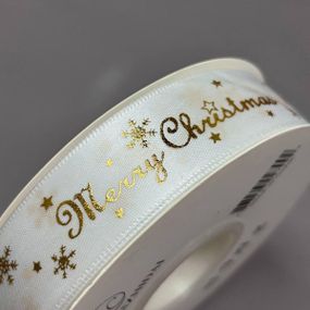 Стрічка атласна 2,5см із новорічним малюнком - біла Merry Christmas