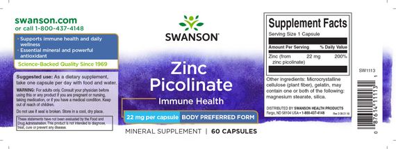 Пиколинат цинка Swanson Zinc Picolinate Body Preferred Form 22 mg 60 Caps | Зображення 1