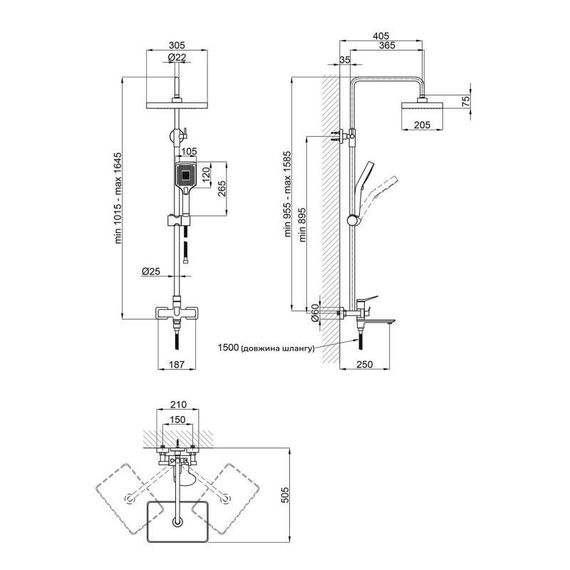 Душова система універсальна Qtap Presto на три споживача (з виливом) QTPRE111CRM45575 Chrome | Зображення 1