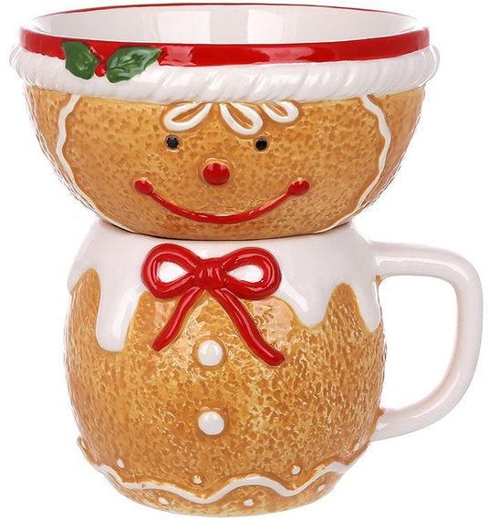 Чашка з піалою "Пряничний Чоловічок" 450мл/300мл, різдвяна кераміка