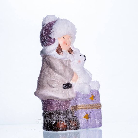 Новорічна фігурка з підсвіткою Дівчинка з ведмежам із фарфору 12×7×20 (см) новорічний декор для дому, квартири на подарунок CR-5-5 | Зображення 3