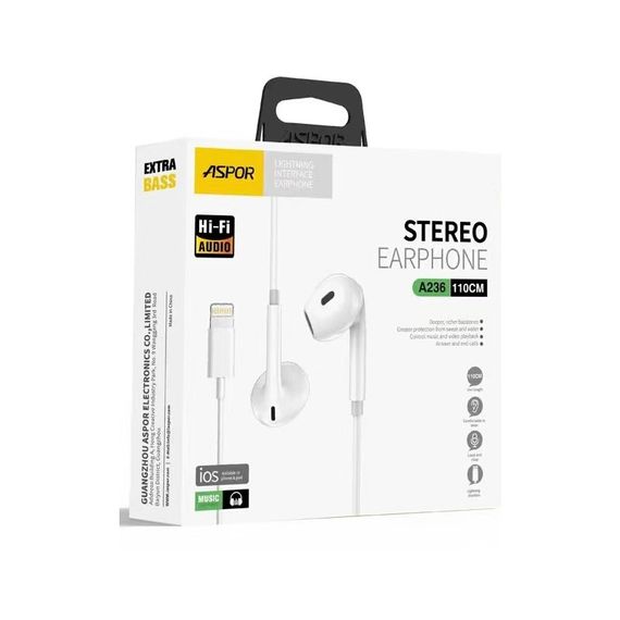 Навушники з мікрофоном Aspor A236 EarPhone Lightning-білий | Зображення 3