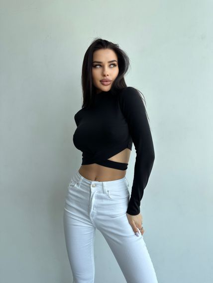 Женская укороченная кофта кроп-топ с завязками на талии NA994 цвет черный, размер 42/44 | Зображення 3