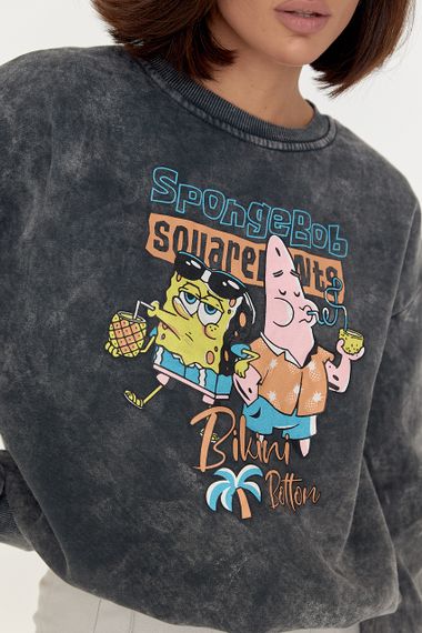 Свитшот в технике тай-дай с принтом Spongebob темно-серый цвет L | Зображення 3