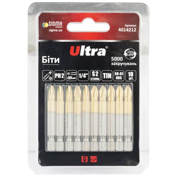 Набір біт Ultra PH2×50мм ¼" 10шт S2 TIN (блістер) 4014212