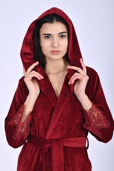Жіночий халат Nusa 0483 велюровий з капюшоном Бордовий, M | Зображення 7