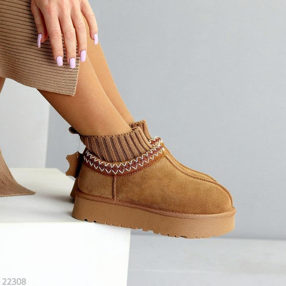 Низкие угги с текстильным манжетом натуральная замша цвет Карамель | Зображення 3