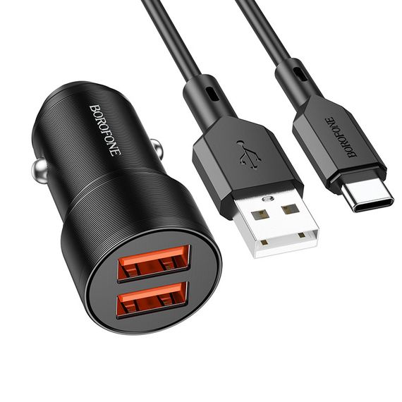 АЗП Borofone BZ19 Wishdom (2USB-A) + кабель USB to Type-C Black | Зображення 1