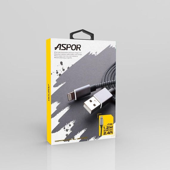 Кабель Aspor A132 Nylon USB – Lightning 2.4A/1.2м- черный