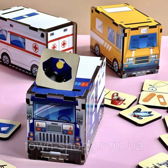 Деревянная настольная игра "Служебный транспорт" Ubumblebees (ПСФ027) PSF027 сортер-комодик | Зображення 3