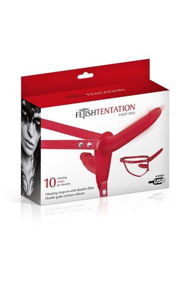 Подвійний страпон з вібрацією Fetish Tentation Vibrating Strap-On with Double Dildo Red | Зображення 2