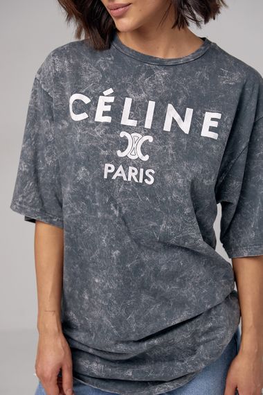 Удлиненная футболка в технике тай-дай с надписью Celine Paris - темно-серый цвет, M (есть размеры) | Зображення 3