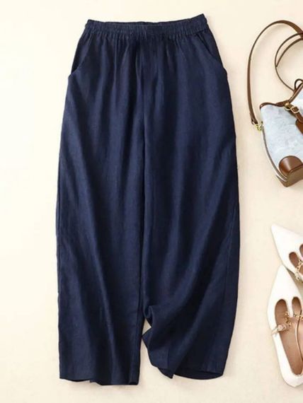 Женские летние льняные брюки свободные FZ1114 цвет синий размер 54/58