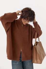 В'язаний кардиган оверсайз на блискавці - коричневий цвет, ONE SIZE (є розміри)