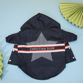 Брендовый дождевик для собак и котов Christian Dior со звездой на спине, с капюшоном, синий