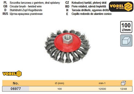 Щетка крацовка Польша Ø=100 мм гайка М14 усиленная VOREL-06977