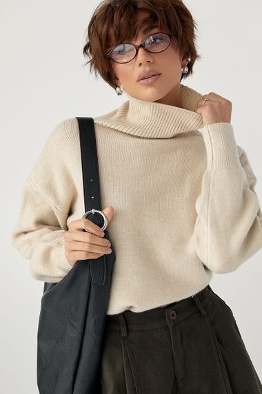 В'язаний однотонний гольф вільного фасону - бежевий цвет, ONE SIZE (є розміри)