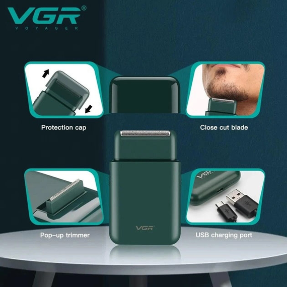 Аккумуляторная мини‑электробритва для мужчин VGR V‑390 Green • Профессиональный шейвер с триммером для сухого и влажного бритья | Зображення 5