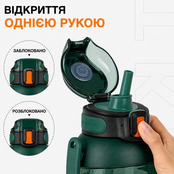 Бутылка TKK 1400 мл - Зеленая Tritan BPA-free, ударопрочная, спортивная с двойной системой переноски | Зображення 8