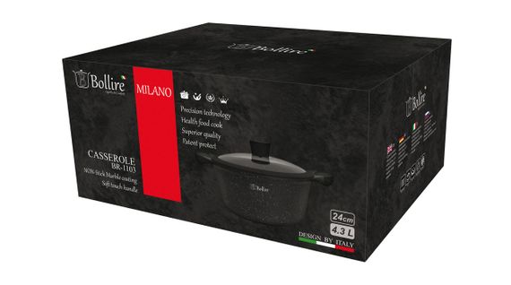 Каструля Bollire Milano BR-1103, 4.3 л, 24 см, алюмінієва з кришкою та антипригарним покриттям | Зображення 2