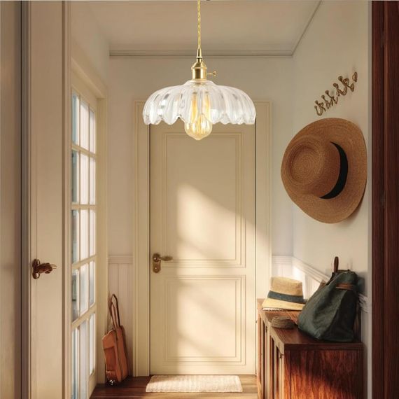 Підвісний світильник люстра 25см скляний абажур лотос у вінтажному стилі з латунним патроном E27, прозорий з регульованою висотою | Зображення 2