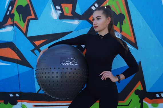 М'яч для фітнесу (фітбол) напівмасажний PowerPlay 4003 Ø75 cm Gymball  Темно-сірий + помпа | Зображення 5