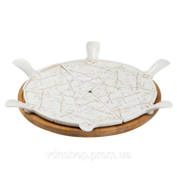 Тарелка для пиццы 28 см фарфоровая с бамбуковой вращающейся подставкой, секционная HP1213 | Зображення 3