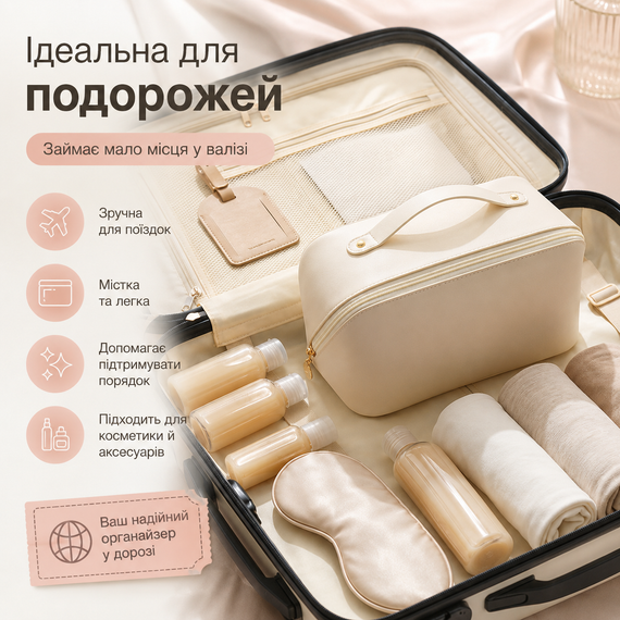 Біла жіноча косметичка AND XL-1010 для подорожей, місткий органайзер з екошкіри на блискавці із 7 відділеннями | Зображення 4