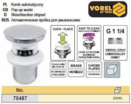 Пробка автомат раковини "M" G5/4" хромована VOREL-75487