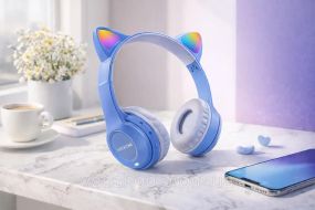 Беспроводные наушники с кошачьими ушками и лед подсветкой Cat Ear Y47 Led, Bluetooth наушники с микрофоном Синий