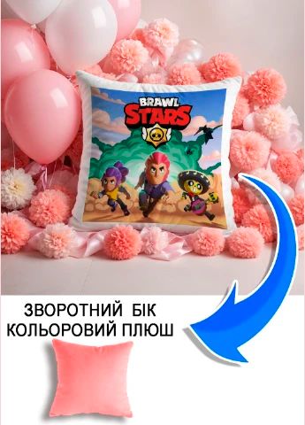 Подушка плюшева Мерч Крафт Дизайн з принтом brawl stars 3 рожевий плюш квадратна 33х33 см