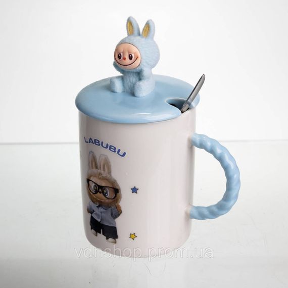 Чашка порцелянова з кришкою і ложкою Labubu 400 (мл) подарункова кружка прикольна чашка для дітей на подарунок Блакитний FM-35B | Зображення 3