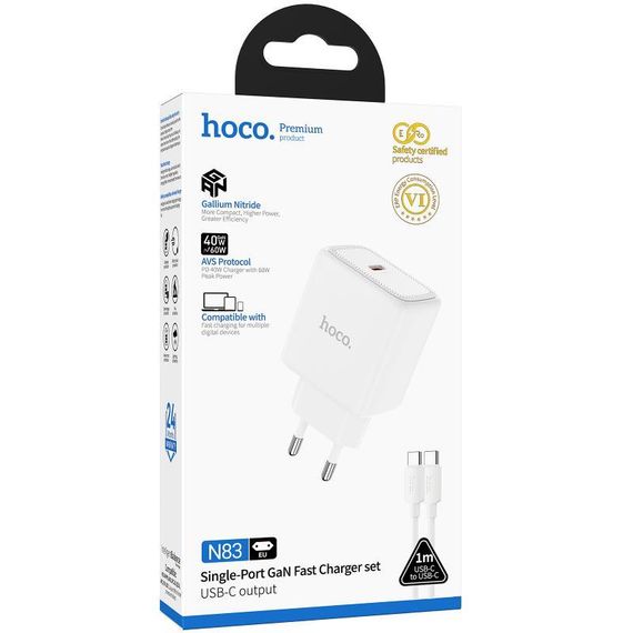 МЗП Hoco N83 Profit PD40W (1USB-C) + кабель Type-C to Type-C White | Зображення 1