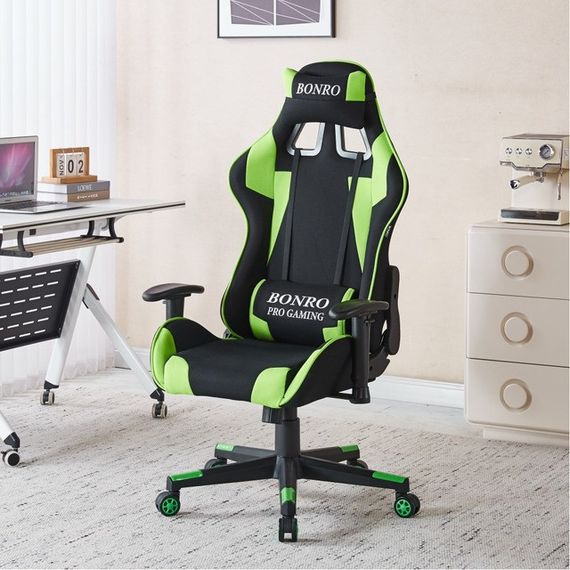 Крісло геймерське з тканини Bonro Бонро B-142 чорно-зелене + 2 подушки (42401115) | Зображення 1